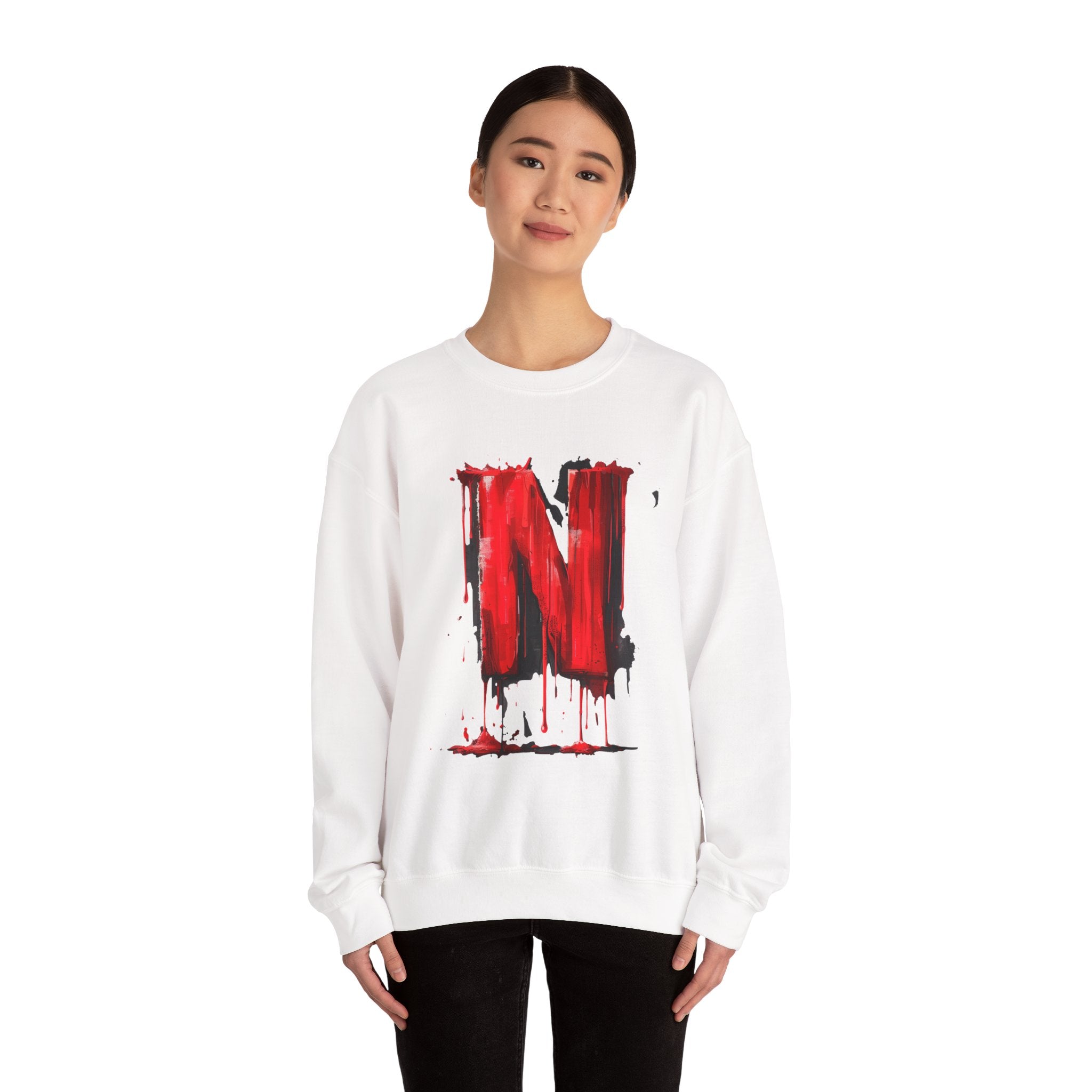 Stylish Graphic Sweatshirt with Artistic 'N' Design, Cozy Crewneck Top, Casual Wear, Gift for Movie Lovers, Unique Apparel