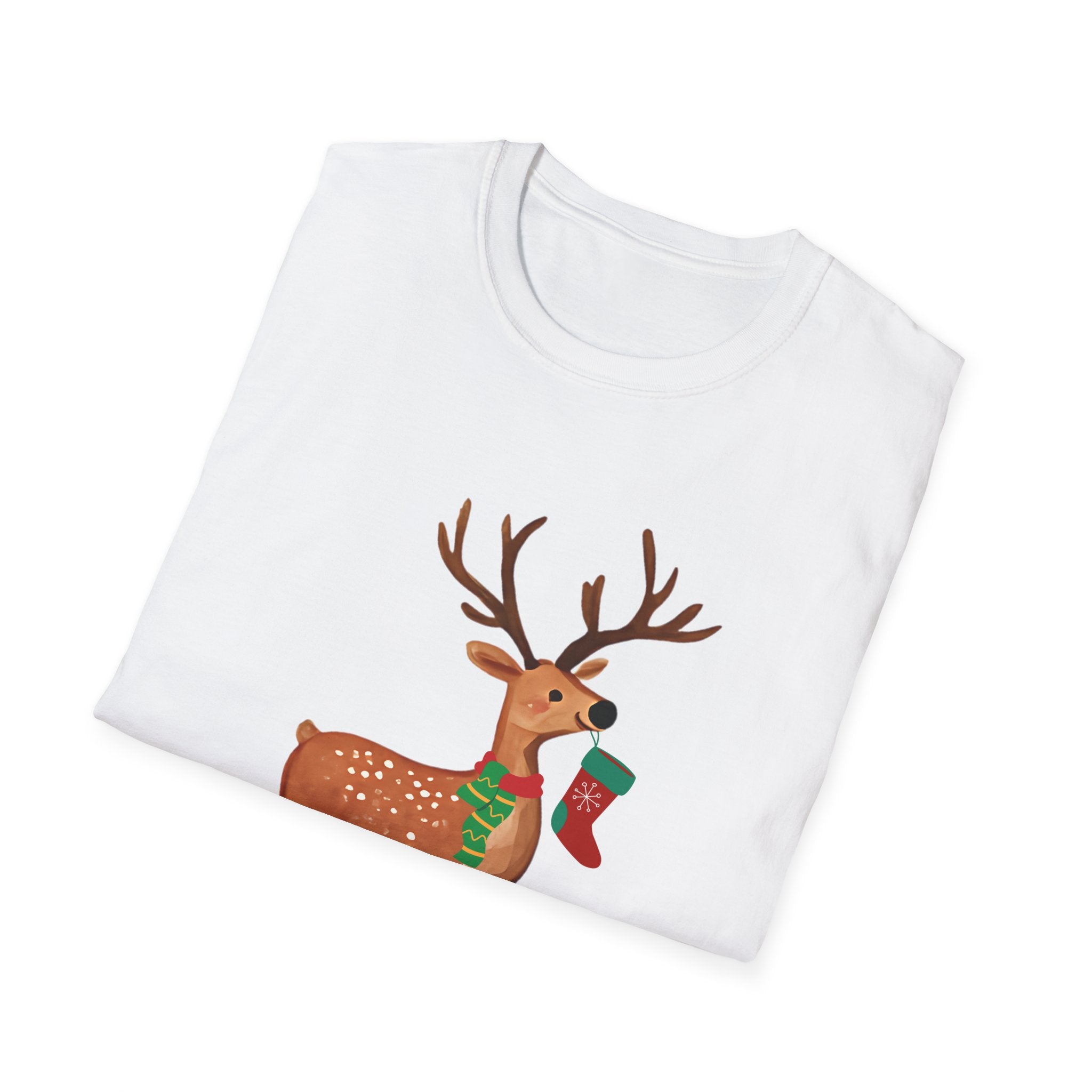Reindeer with Christmas Stocking T-Shirt — Cute Holiday Deer Tee
