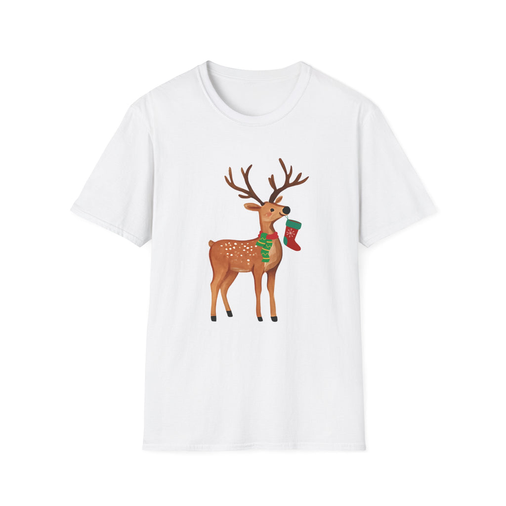 Reindeer with Christmas Stocking T-Shirt — Cute Holiday Deer Tee