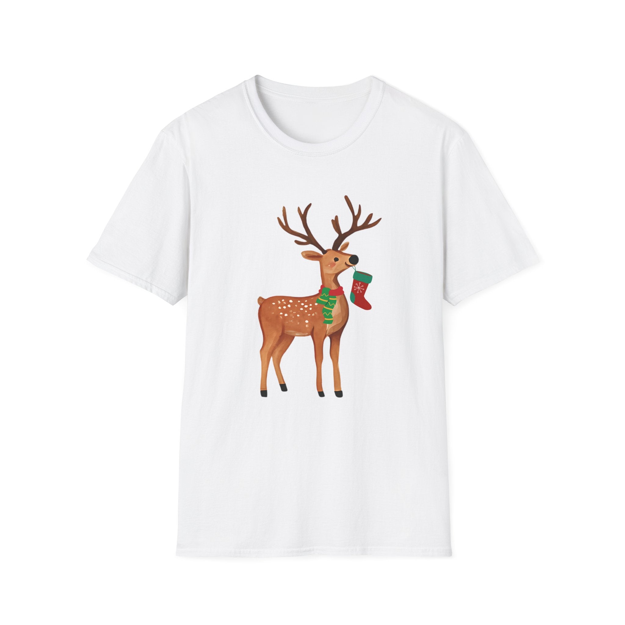 Reindeer with Christmas Stocking T-Shirt — Cute Holiday Deer Tee