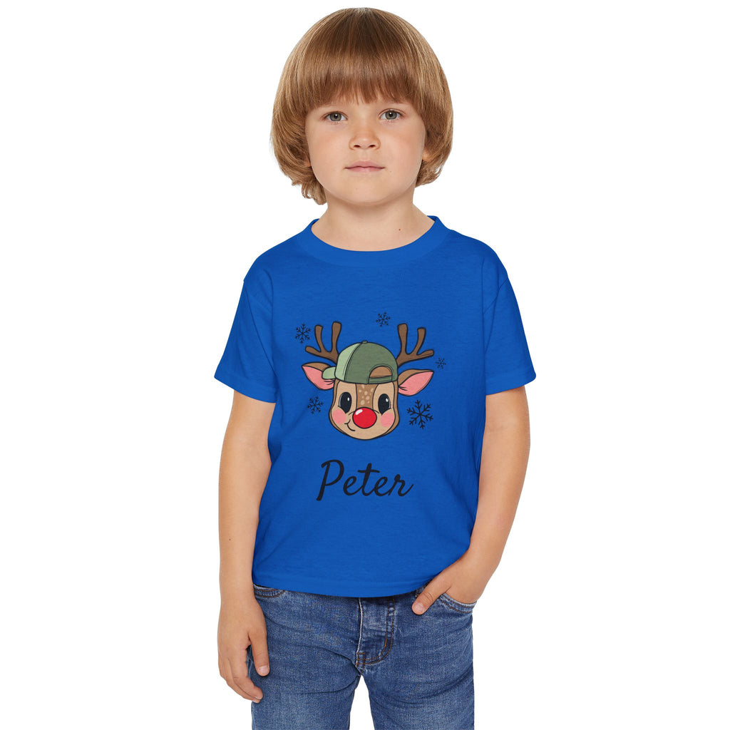 Toddler T‑Shirt — Cute Reindeer Face with Cap Kids Christmas Tee