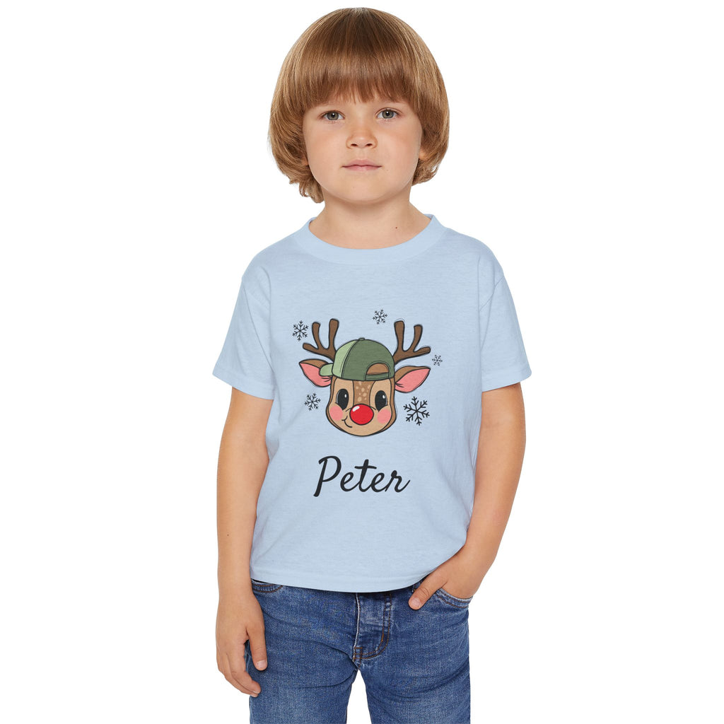 Toddler T‑Shirt — Cute Reindeer Face with Cap Kids Christmas Tee