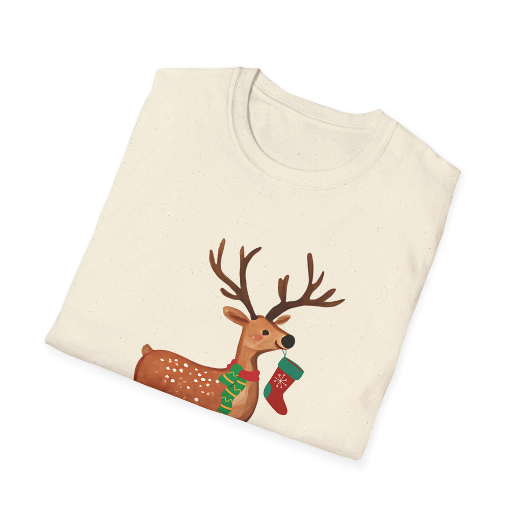 Reindeer with Christmas Stocking T-Shirt — Cute Holiday Deer Tee