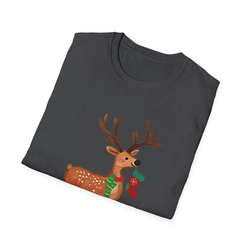 Reindeer with Christmas Stocking T-Shirt — Cute Holiday Deer Tee